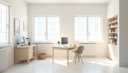 Fototapeta premium Bright Minimalist Home Office Design with Wooden Furniture