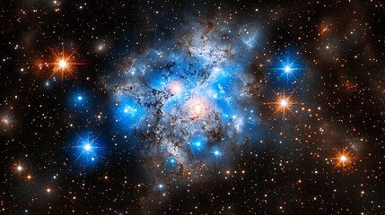 A surreal view of a dwarf galaxy glowing faintly in the depths of space.