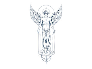 Obraz premium Vertical Celestial Tattoo Fly Angel Line Art Drawing.