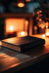 Leather Bound Book Rests On Wooden Table With Warm Lighting