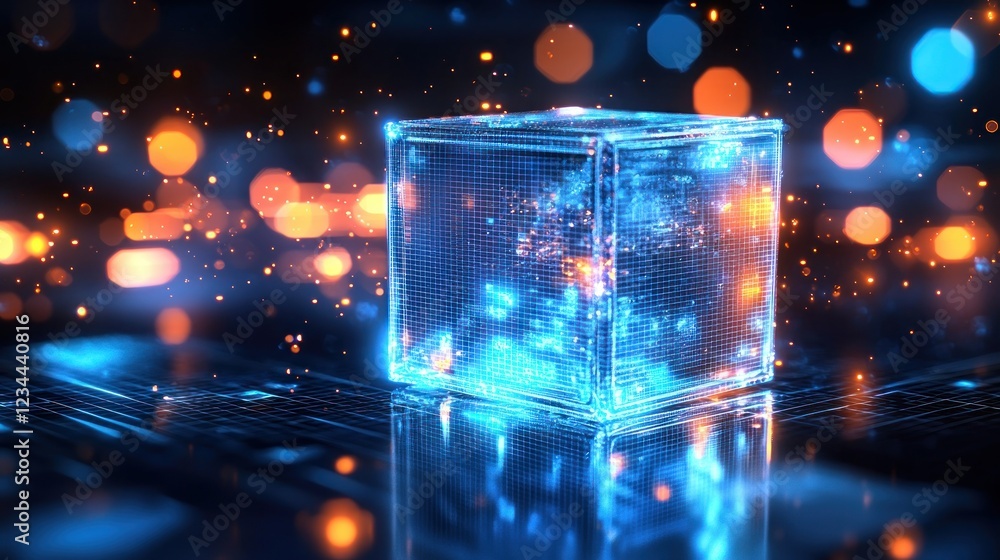 Aufkleber glowing digital cube on circuit board with bokeh background (1)