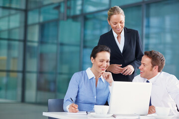 Notebook, laptop or happy business people in meeting for legal team for court case research or support. Project, smile or lawyers in office with attorney or consultant at law firm for review feedback