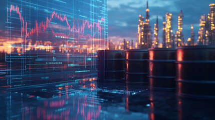 Digital financial data with oil barrels, representing the oil industry market trends and its correlation with global trade and economic growth.