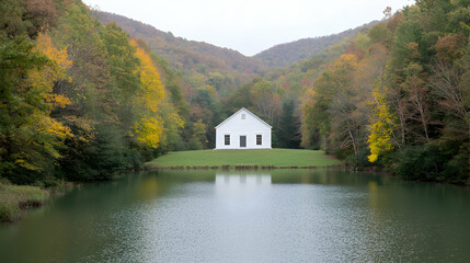 Obraz premium White church by autumn lake, hills. Peaceful landscape