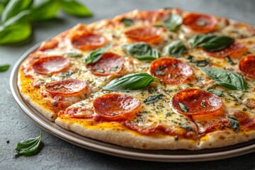 Delicious pepperoni pizza topped with fresh basil and herbs served on a wooden table