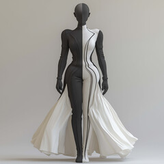striking fashion design featuring form fitting dress with contrasting black and white sections, showcasing sharp details and elegant lines. garment flows gracefully, emphasizing modern aesthetics
