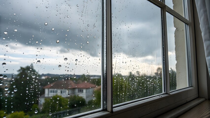 Raindrops on a window pane overlooking a suburban landscape on a cloudy day  