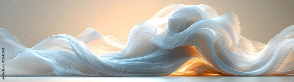 Poster a mesmerizing abstract composition of flowing white fabric, illuminated with soft golden light, crea