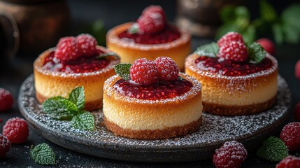 Delectable Mini Cheesecakes with Raspberry Compote and Mint, Beautifully Arranged on Dark Background
