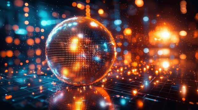 Glowing disco ball on grid floor with bokeh background