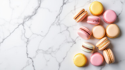 A delightful assortment of macarons in various colors on a marble surface, ideal for celebratory occasions.