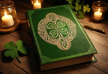 Green book with Celtic shamrock design on wooden table.