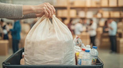 A close-up of hands placing a donation bag into a large collection bin at a charity fundraising event. The bag is neatly packed with non-perishable food, bottled water, and hygiene kits, representing
