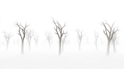 Fototapeta premium Foggy forest, leafless trees, winter landscape, serene mood, nature background