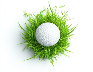 Golf ball in green grass, overhead shot, white background, sport