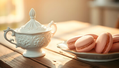 Elegant white porcelain teapot, pastel pink macarons, wooden table, soft sunlight, warm golden glow, delicate pastries, vintage tea set, cozy afternoon tea, dreamy atmosphere, shallow depth of field, 