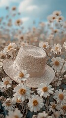 Straw Hat Surrounded by White Daisies in a Soft Blue Atmosphere