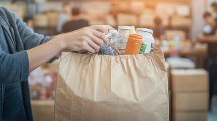 A close-up of hands tying a donation bag filled with humanitarian aid, symbolizing compassion and generosity. The bag contains carefully packed supplies, including bottled water, canned food, and