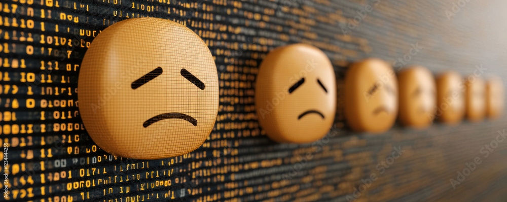 Poster of emoticons expressing sadness against binary code background, symbolizing digital emotions and tec