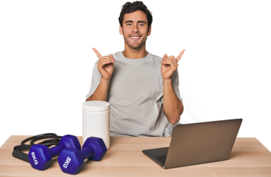 Hispanic trainer planning workout pointing to different copy spaces, choosing one of them, showing with finger.