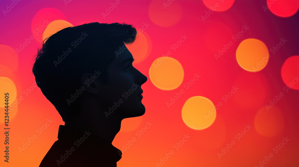 Poster silhouette of man against colorful bokeh background, creating dreamy atmosphere
