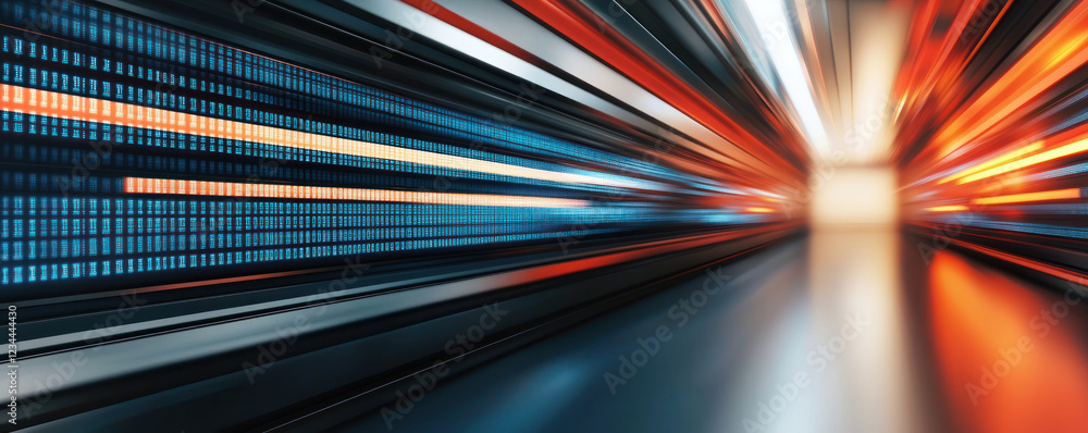 Poster dynamic light trails create sense of speed and motion in digital environment. vibrant colors evoke e