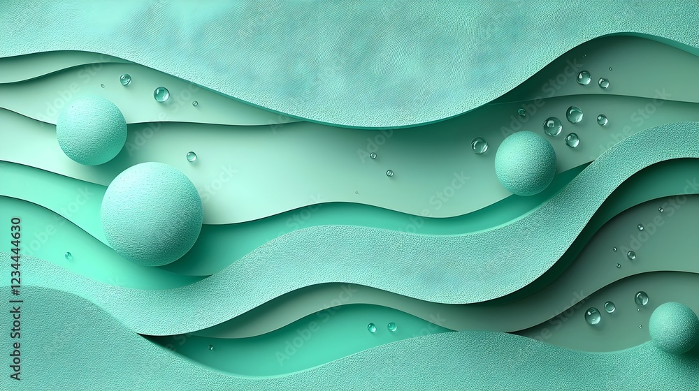 Poster a soothing abstract composition featuring fluid waves in soft mint green tones, accented by textured