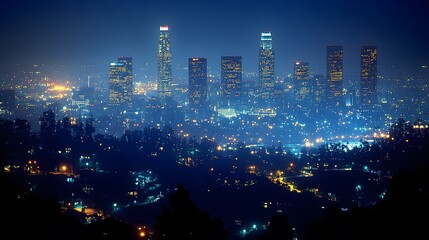 Obraz premium Griffith Observatory overlooking city skyline at night, twinkling lights, deep blue sky