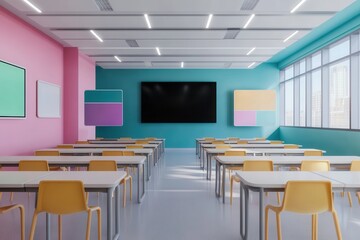 A modern classroom featuring colorful walls, desks, and a large screen, designed for an engaging learning environment.