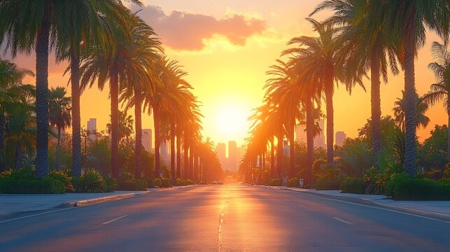 Palm trees lining a street with the downtown skyline in the background, soft warm light