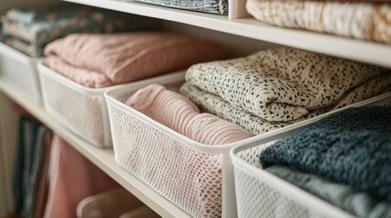 A neatly organized storage box made of breathable white mesh fabric with multiple compartments for organizing socks and small items, complemented by a soft beige and pastel background