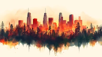 Obraz premium Artistic watercolor illustration of Los Angeles skyline, soft brush strokes, warm tones