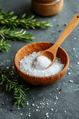 Wooden Bowl of Sea Salt with Rosemary Sprigs