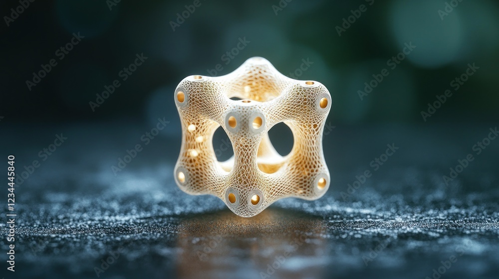 Poster glowing lattice cube on dark surface, bokeh background