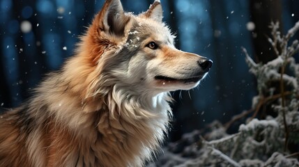 Obraz premium Realistic profile of a wolf in the snowy winter forest. Snowflakes and moon lighting. Night forest. HD 8K wallpaper Photographic Image