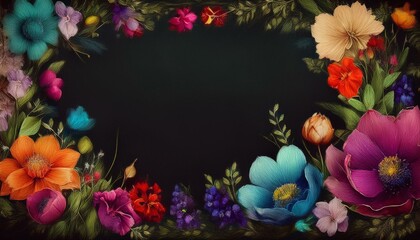 beautiful spring flowers frame border on black background graphic resource with copy space for text