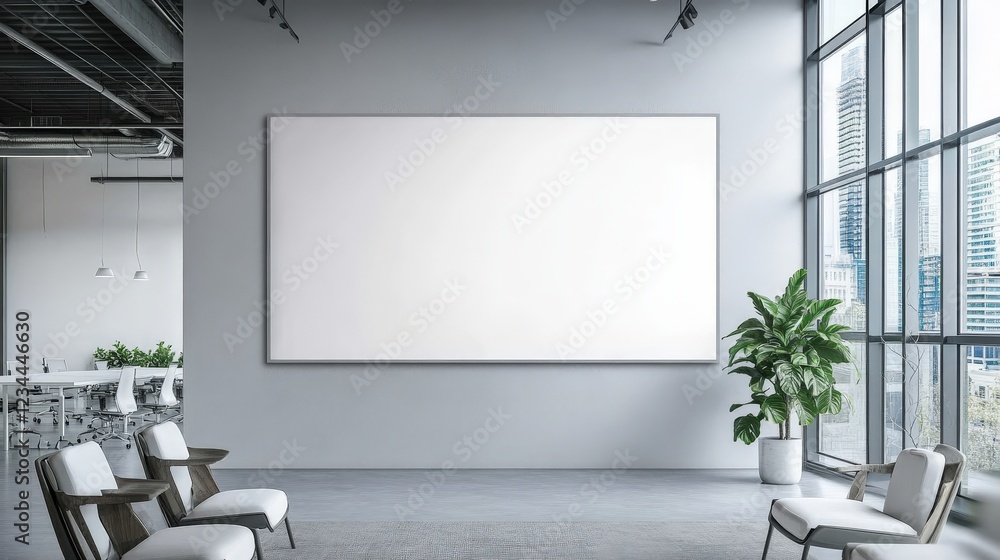 Poster modern office setting with blank whiteboard and large windows enhancing natural light and spacious a