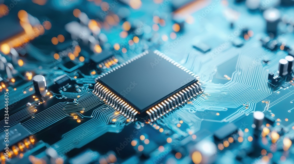 Poster abstract close-up of microchip on circuit board with technological elements