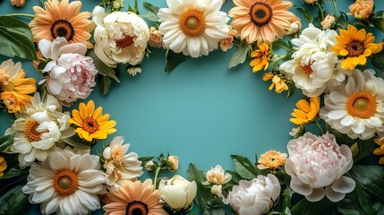 Fototapeta premium Beautiful Heart Shaped Flower Wreath with Vibrant Blooms Creating a Romantic and Whimsical Atmosphere
