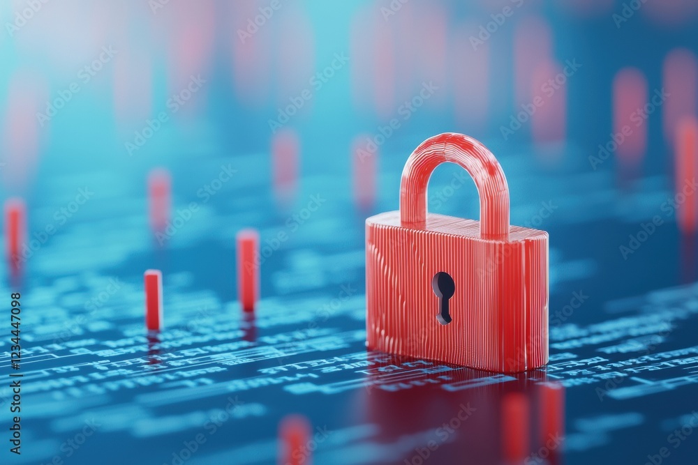 Poster secure financial monitoring concept with floating lock over digital data background