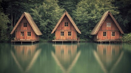 Obraz premium Tranquil wooden cabins by a serene lake surrounded by lush greenery at dawn