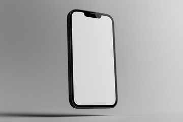 Floating smartphone mockup with directional lighting showcasing a blank screen in a minimalist setting