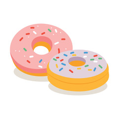 Donuts with glaze, doughnuts with sprinkles isolated on white background. Sweet dessert in cute cartoon style. Vector icon, illustration. Modern trendy design.
