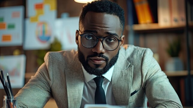 Confident businessman analyzing charts in a modern office, embracing data-driven decisions 