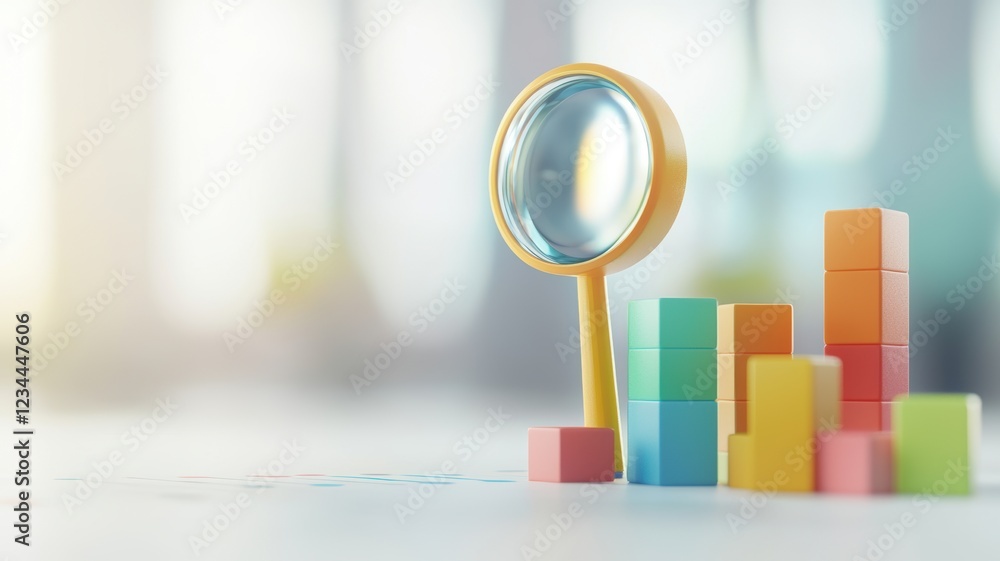 Poster data driven marketing analysis with magnifying glass and colorful blocks