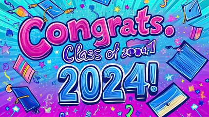 Vibrant illustration celebrating the Class of 2024 graduation, featuring colorful text, caps, and confetti on a dynamic background.