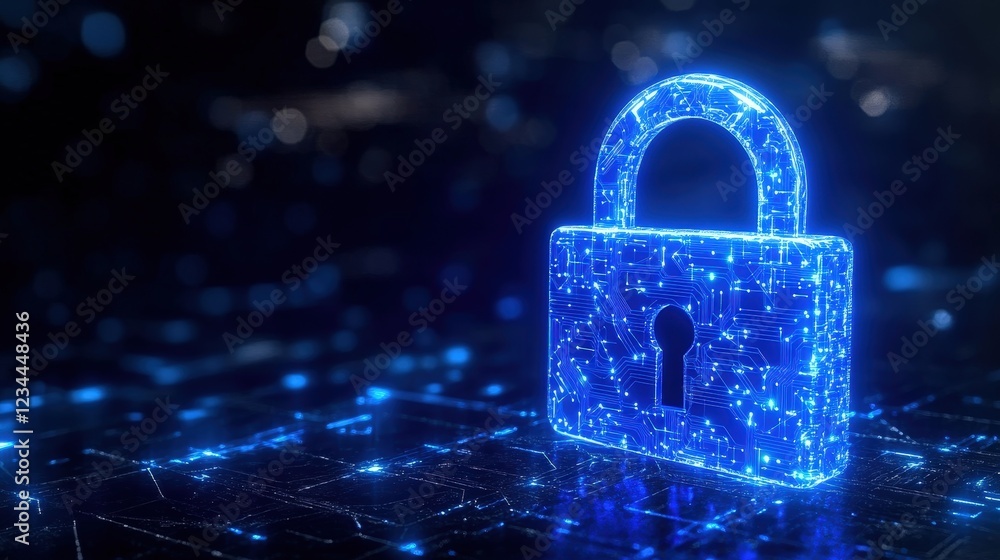 Poster futuristic digital padlock with glowing circuit patterns set against a dark background representing 