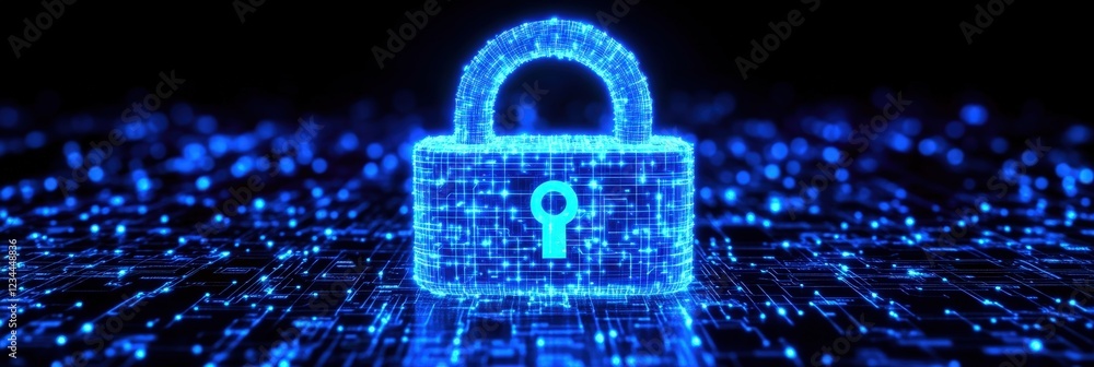 Poster digital blue padlock with glowing lines representing cybersecurity and data protection in a futurist
