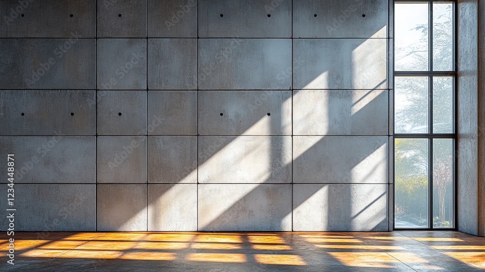 Poster sunlight streams into empty room with concrete wall and window view of trees