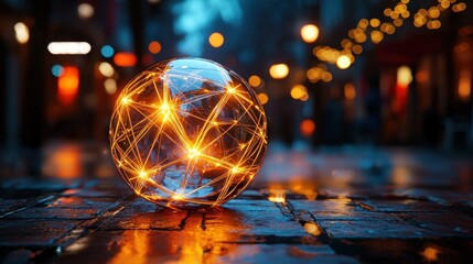 Glowing network sphere on city street at night
